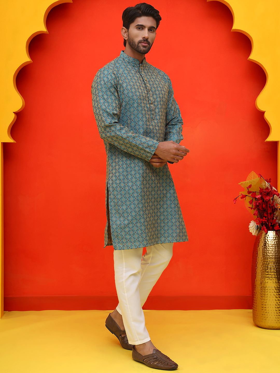 DesiQlo Men Self Design Kurta Pyjama Set - Blue - JOKP_P_5211Blue_S