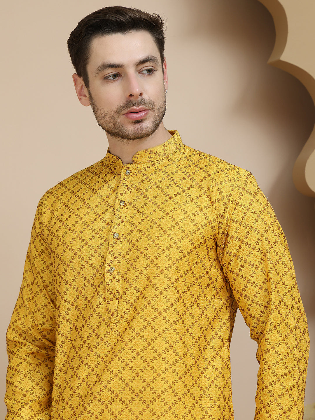 DesiQlo Men Self Design Kurta Pyjama Set - Yellow - JOKP_P_5211Mustard