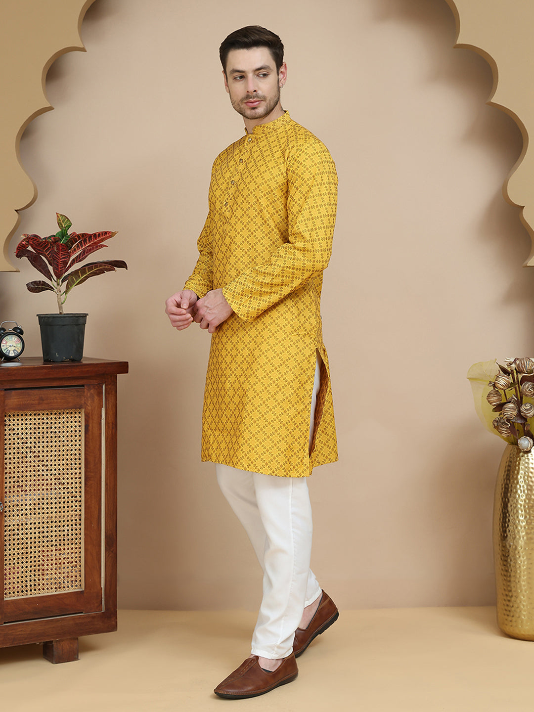 DesiQlo Men Self Design Kurta Pyjama Set - Yellow - JOKP_P_5211Mustard