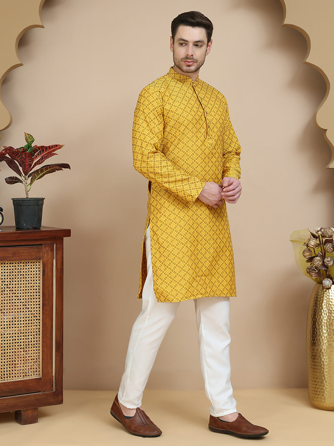 DesiQlo Men Self Design Kurta Pyjama Set - Yellow - JOKP_P_5211Mustard