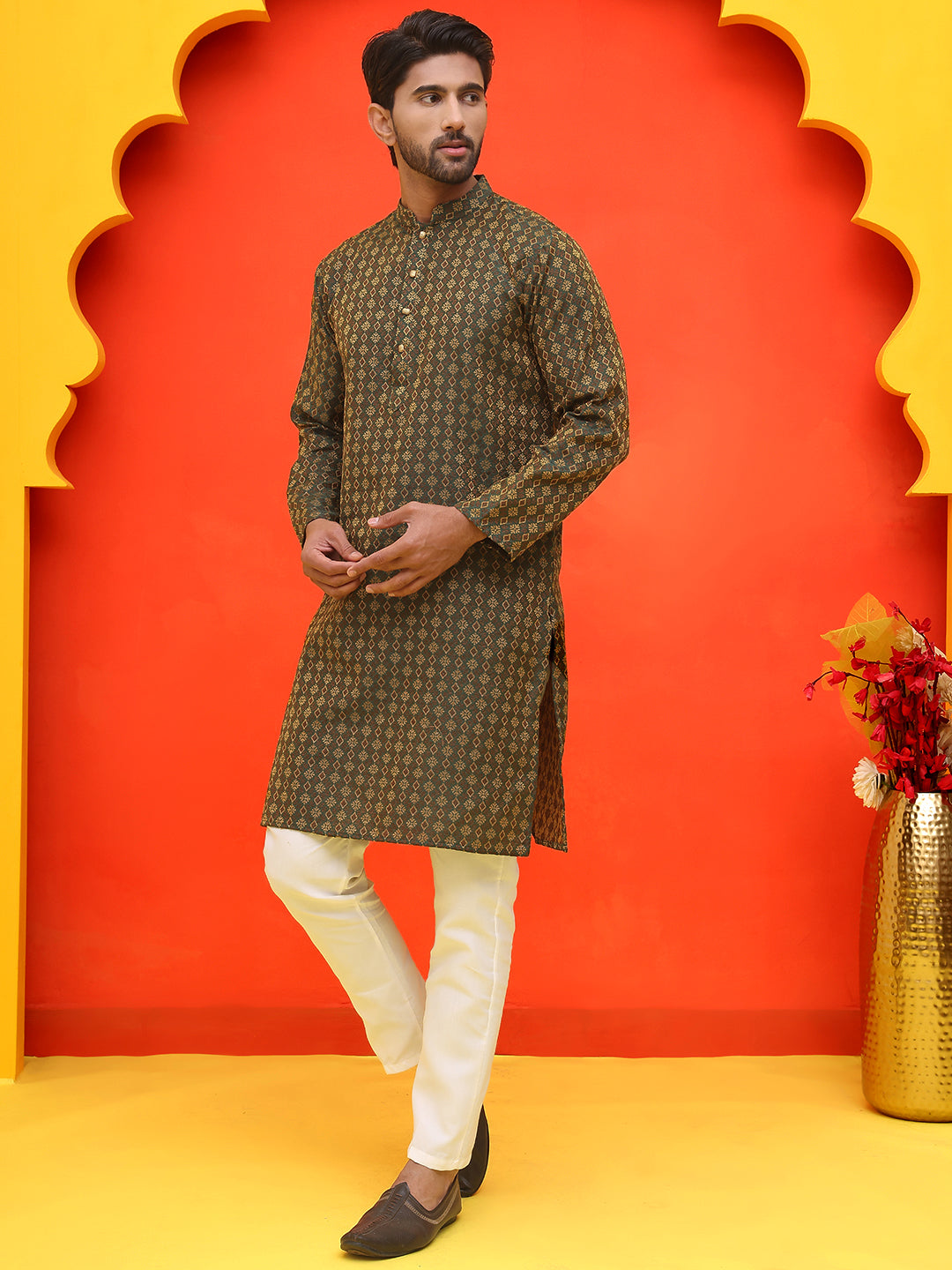 DesiQlo Men Self Design Kurta Pyjama Set - Green - JOKP_P_5211Olive_S