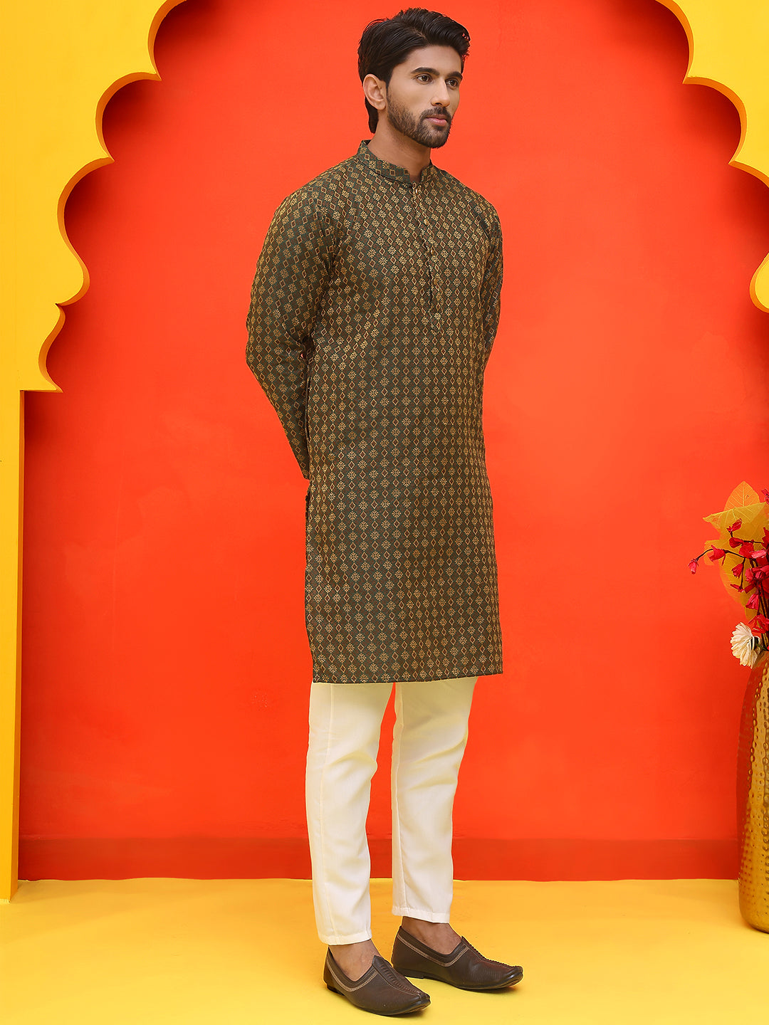DesiQlo Men Self Design Kurta Pyjama Set - Green - JOKP_P_5211Olive_S