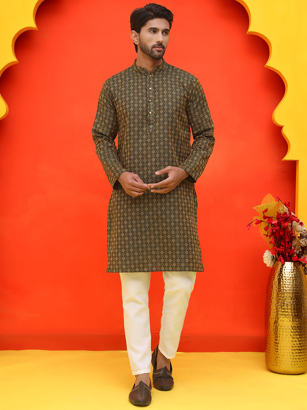 DesiQlo Men Self Design Kurta Pyjama Set - Green - JOKP_P_5211Olive_S