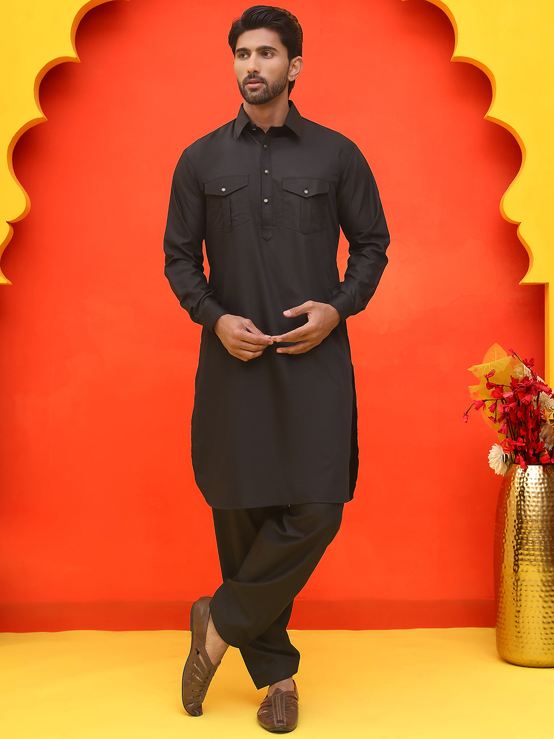 Men's Solid Pathani Kurta with Salwar ( JOKP P 5212 Black ) [FF] [O-15-16]