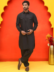 Men's Solid Pathani Kurta with Salwar ( JOKP P 5212 Black ) [FF] [O-15-16]
