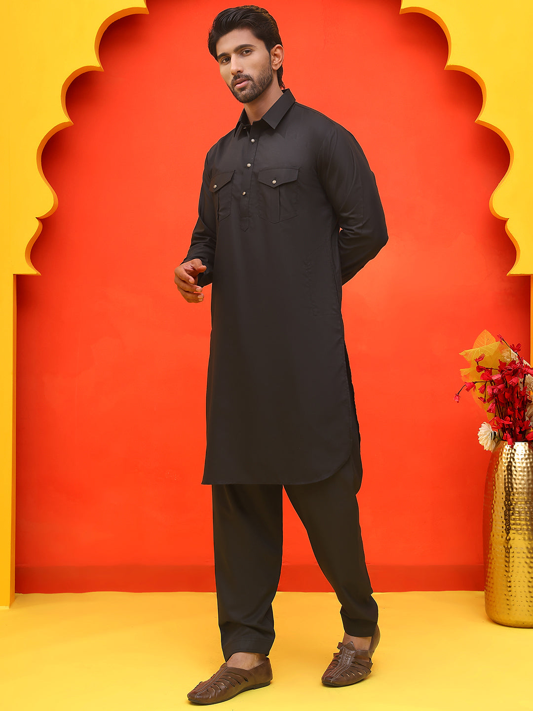 DesiQlo Men Solid Kurta Pyjama Set - Black - JOKP_P_5212Black_S