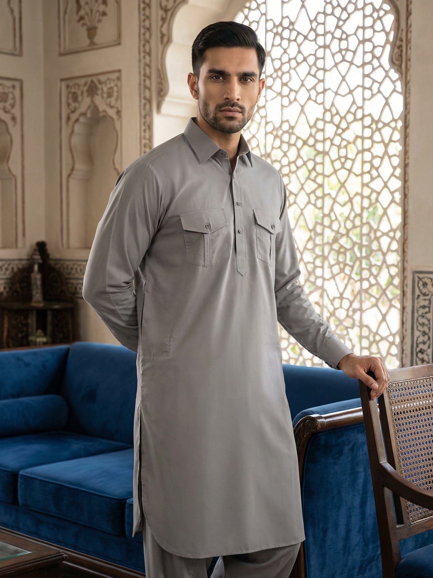 DesiQlo Men Solid Kurta Pyjama Set - Grey
