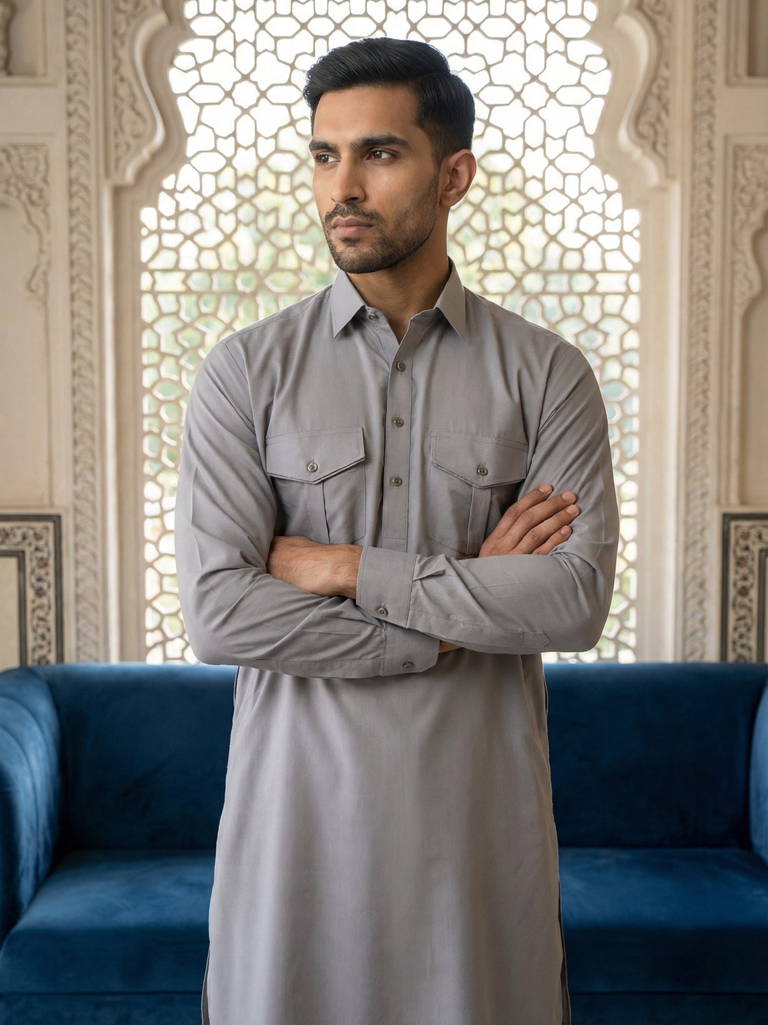 DesiQlo Men Solid Kurta Pyjama Set - Grey
