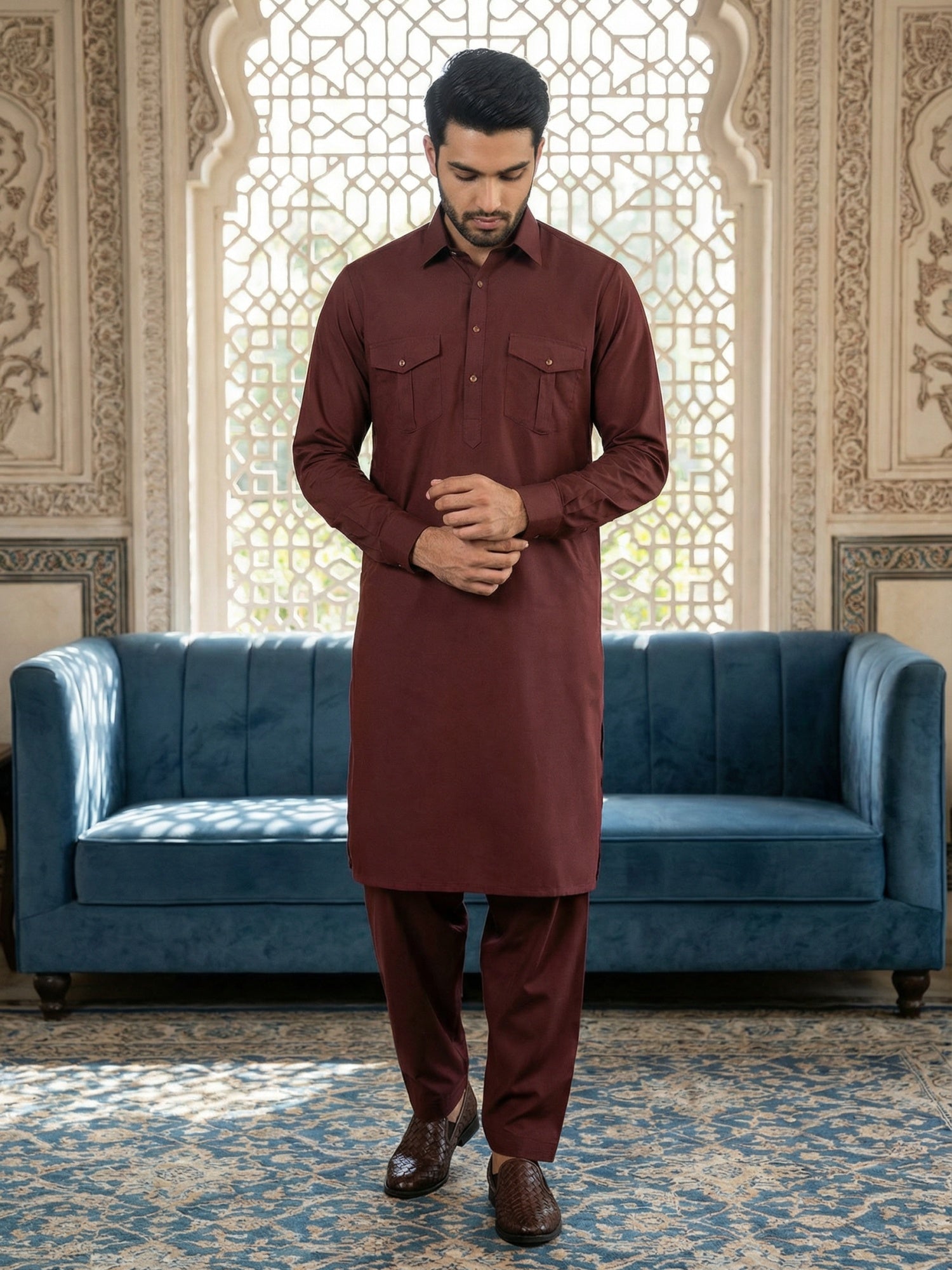 DesiQlo Men Solid Kurta Pyjama Set - Maroon