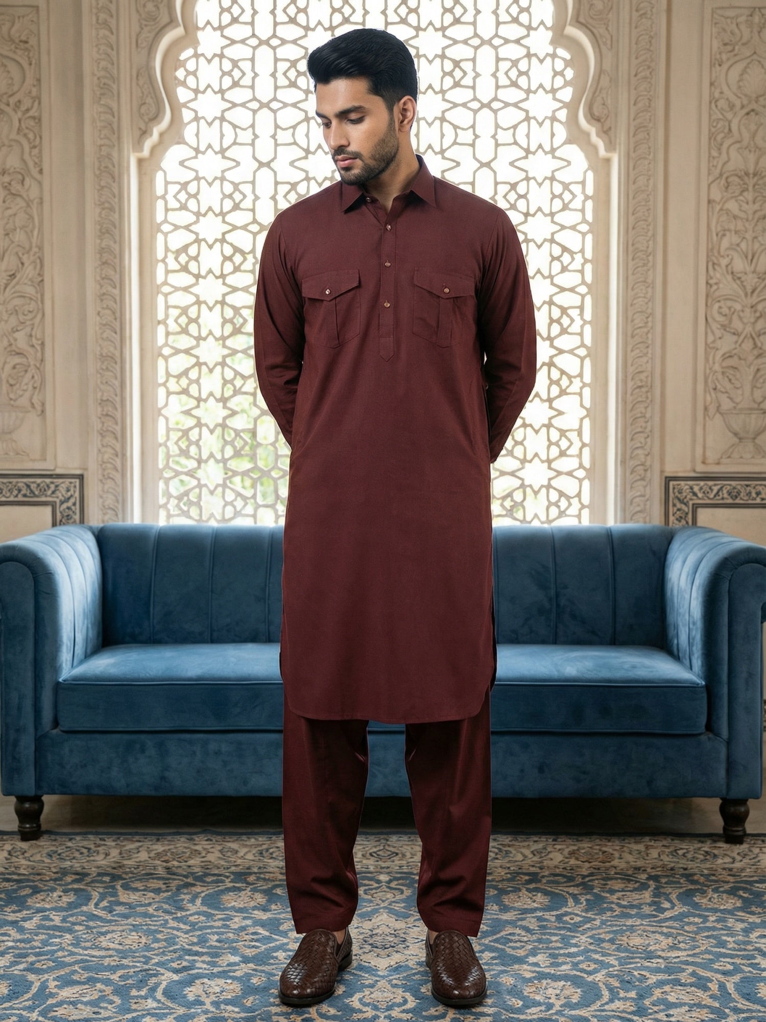 DesiQlo Men Solid Kurta Pyjama Set - Maroon