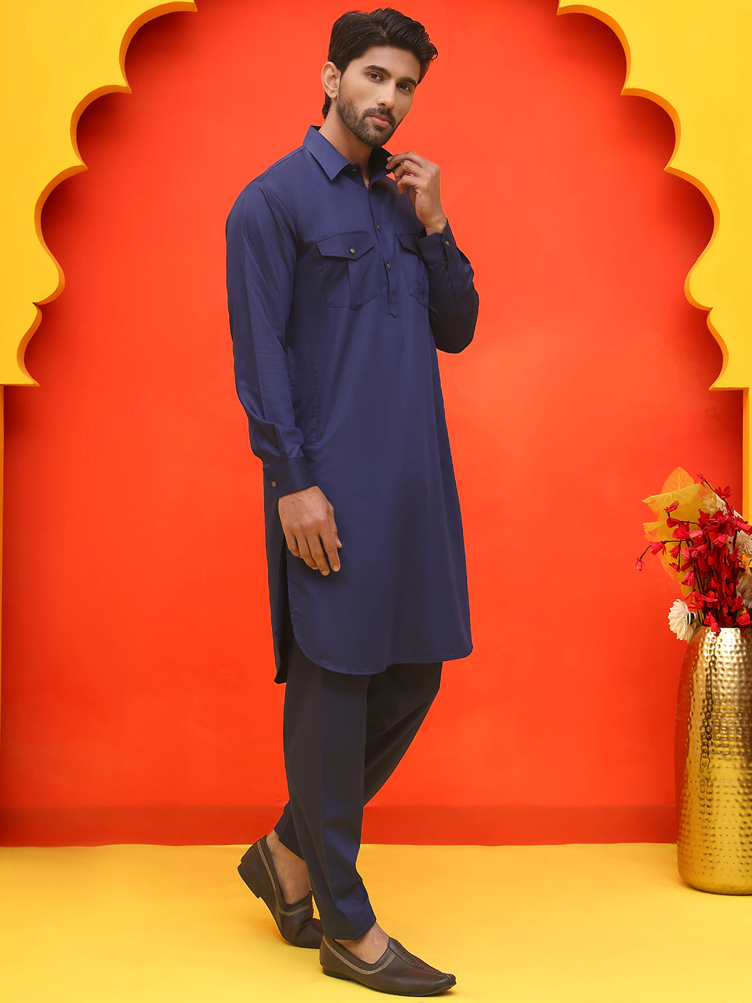 Men's Solid Pathani Kurta with Salwar ( JOKP P 5212 Navy ) [FF] [O-15-16]
