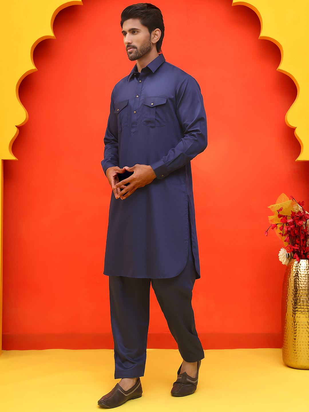 DesiQlo Men Solid Kurta Pyjama Set - Blue - JOKP_P_5212Navy_S