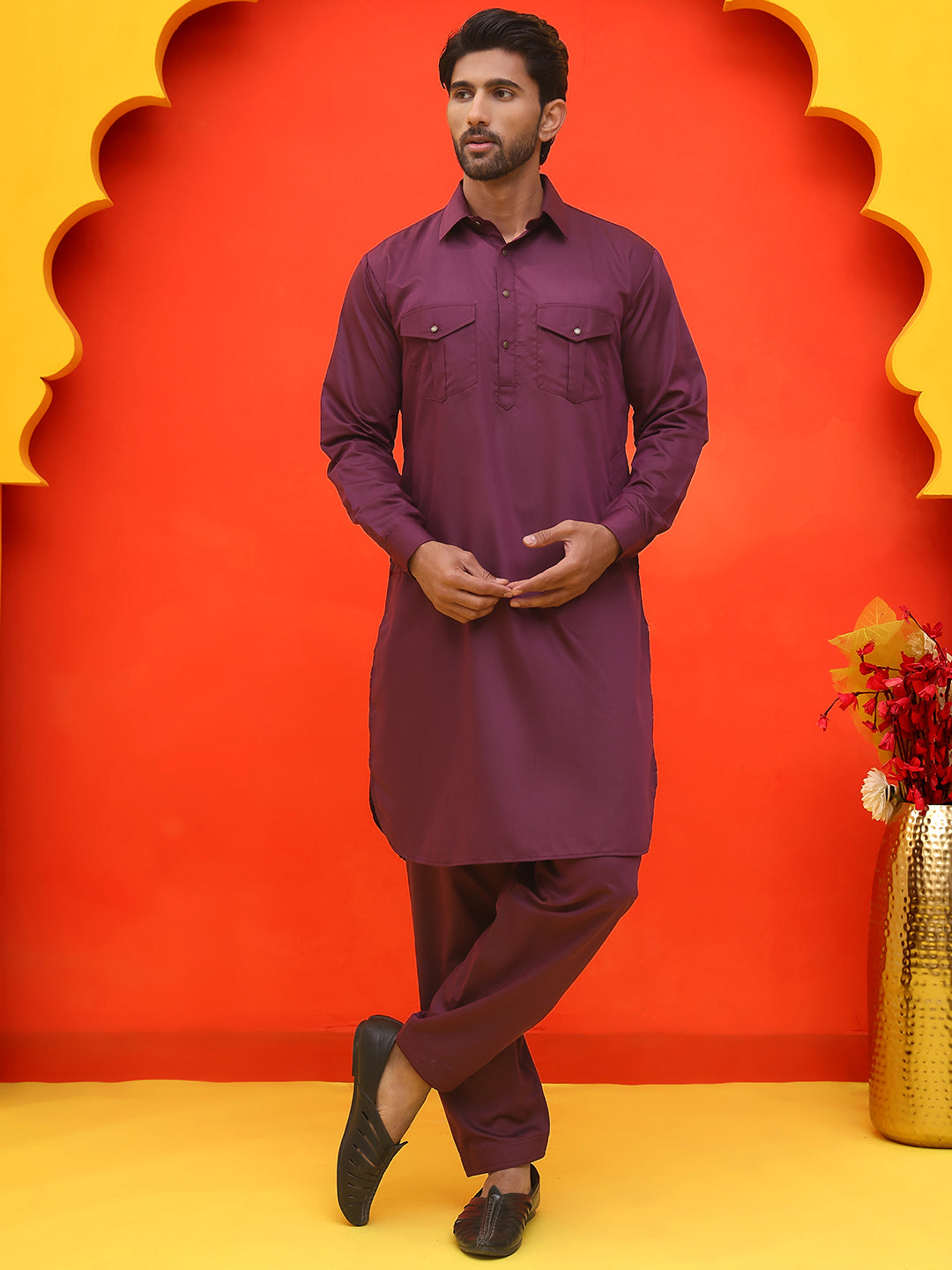 DesiQlo Men Solid Kurta Pyjama Set - Purple - JOKP_P_5212Purple_S