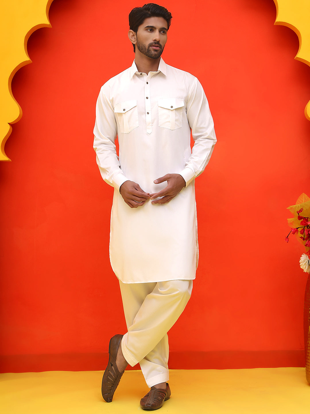 DesiQlo Men Solid Kurta Pyjama Set - White - JOKP_P_5212White_S