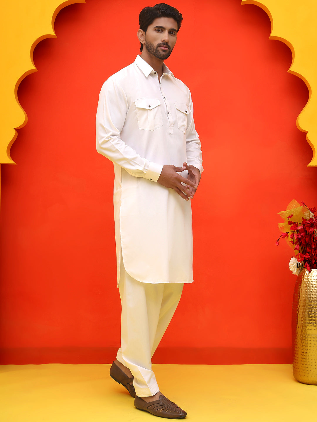 DesiQlo Men Solid Kurta Pyjama Set - White - JOKP_P_5212White_S