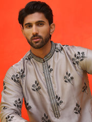 Chikankari Embroidered Kurta Pyjama For Men ( JOKP P 5213 Grey ) [FF] [R-1]