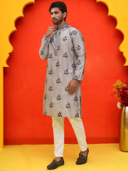 Chikankari Embroidered Kurta Pyjama For Men ( JOKP P 5213 Grey ) [FF] [R-1]