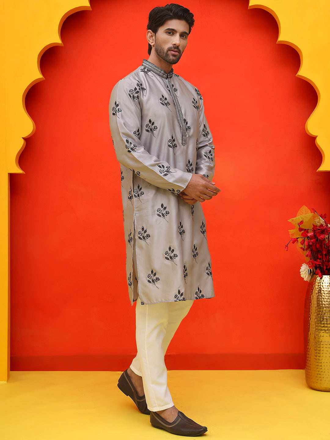 DesiQlo Men Embroidered Kurta Pyjama Set - Grey - JOKP_P_5213Grey_S