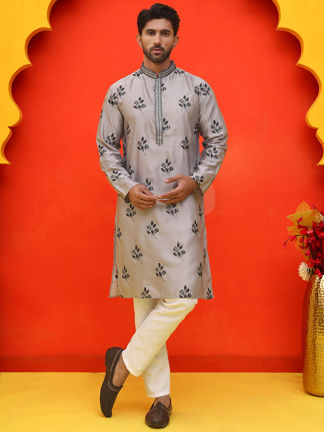 DesiQlo Men Embroidered Kurta Pyjama Set - Grey - JOKP_P_5213Grey_S