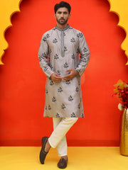Chikankari Embroidered Kurta Pyjama For Men ( JOKP P 5213 Grey ) [FF] [R-1]