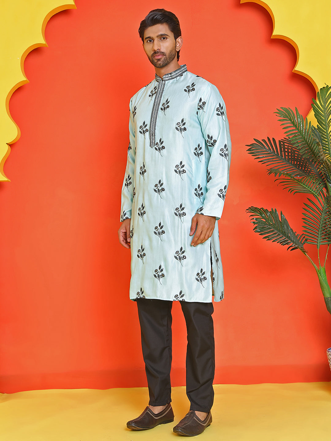 DesiQlo Men Embroidered Kurta Pyjama Set - Blue - JOKP_B-P_5213Sky_S