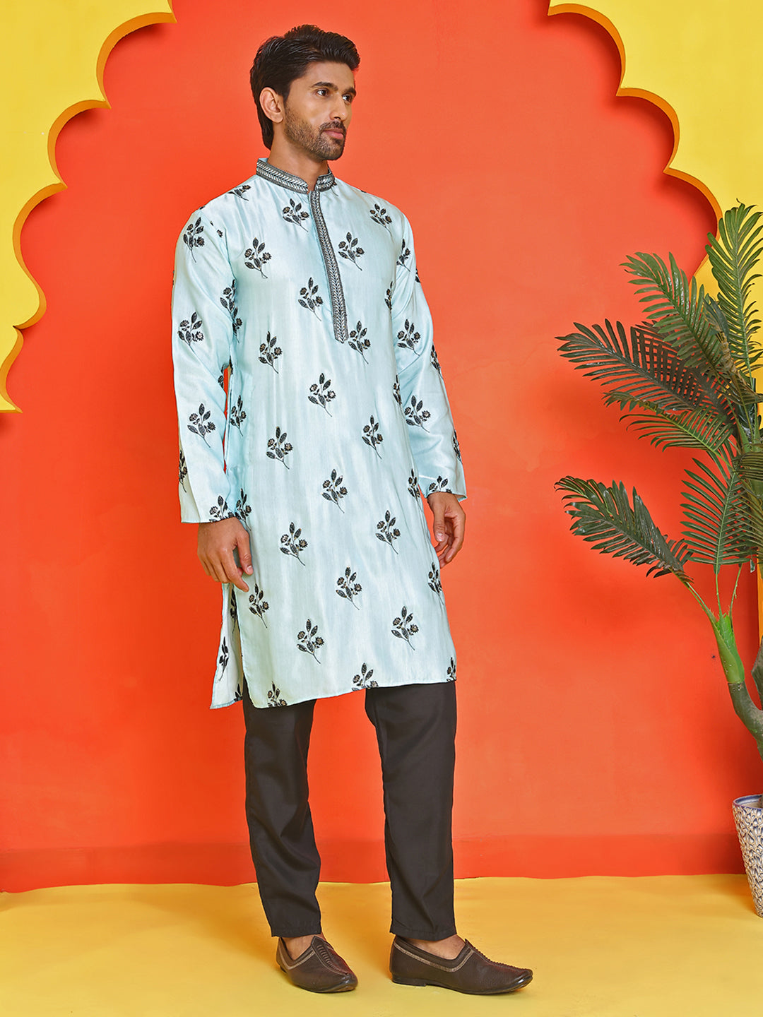 DesiQlo Men Embroidered Kurta Pyjama Set - Blue - JOKP_B-P_5213Sky_S