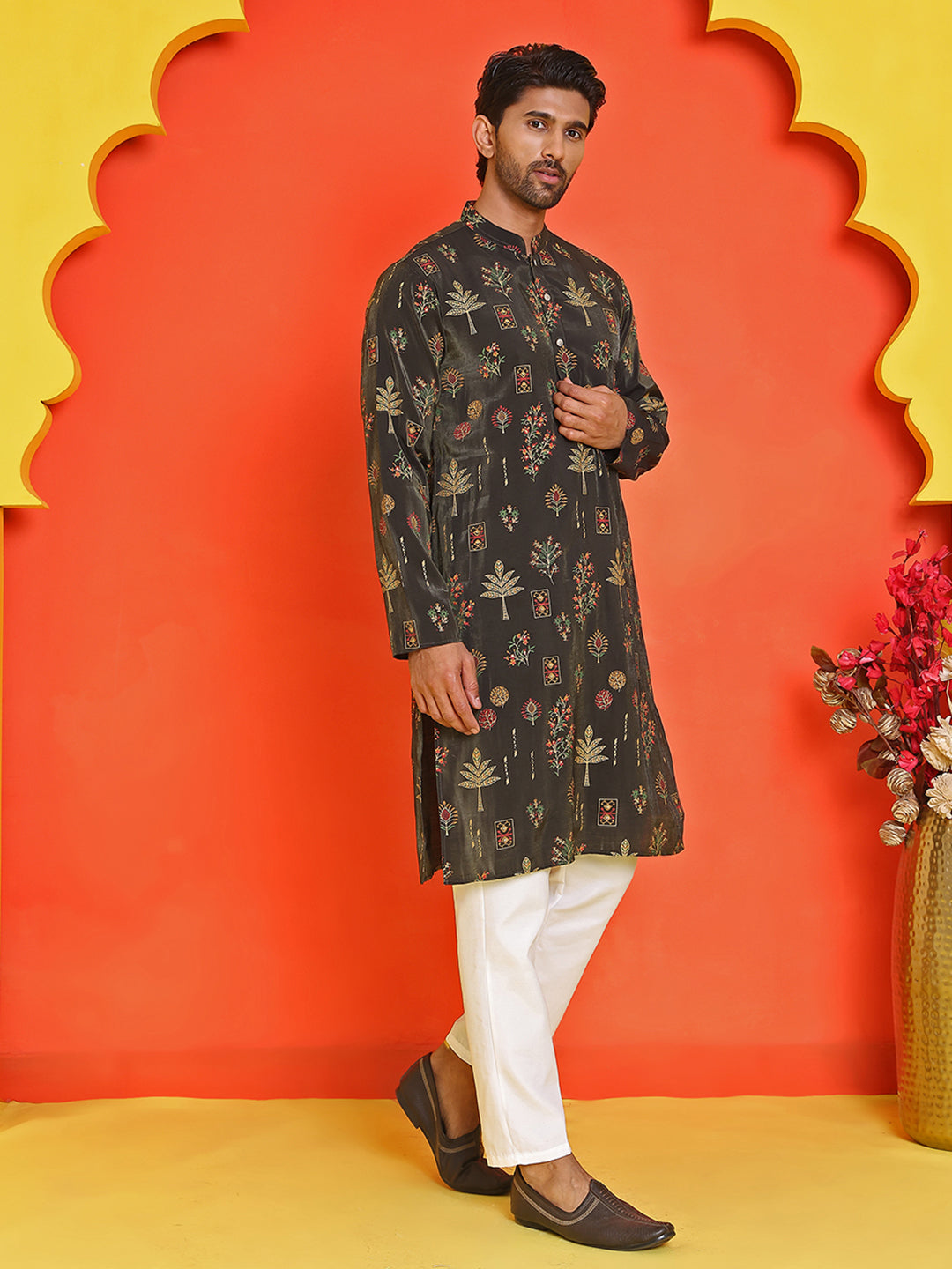 DesiQlo Men Printed Kurta Pyjama Set - Black - JOKP_P_5218Black_S