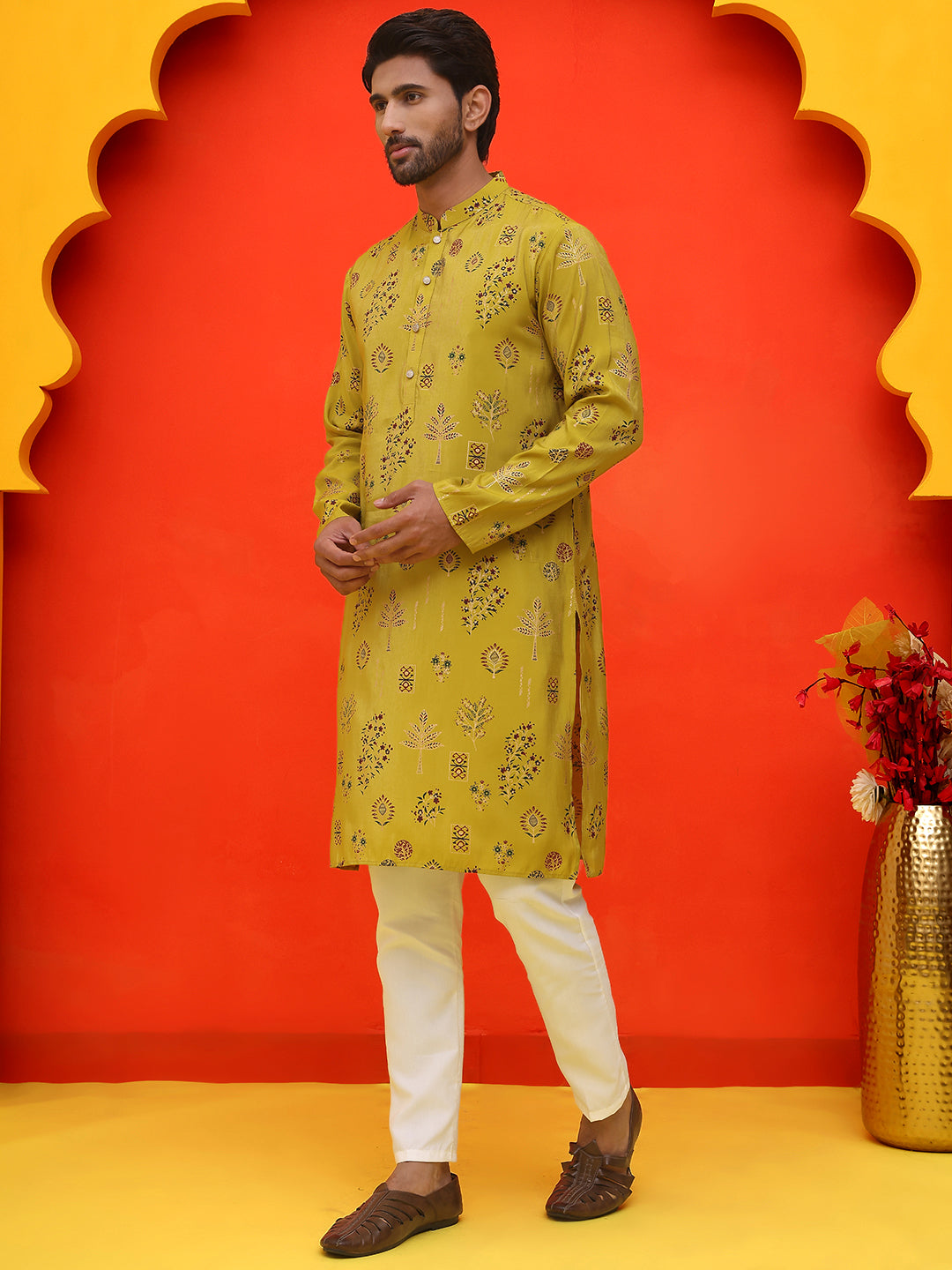 DesiQlo Men Printed Kurta Pyjama Set - Yellow - JOKP_P_5218Mustard_S