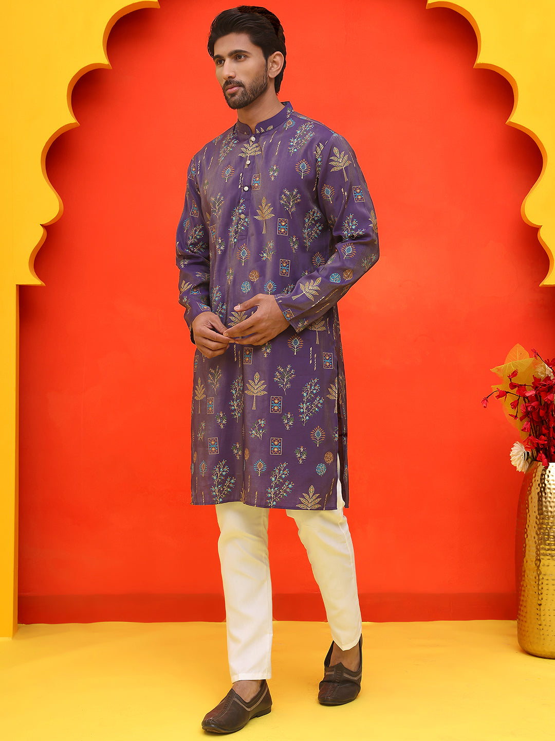 DesiQlo Men Printed Kurta Pyjama Set - Purple - JOKP_P_5218Purple_S