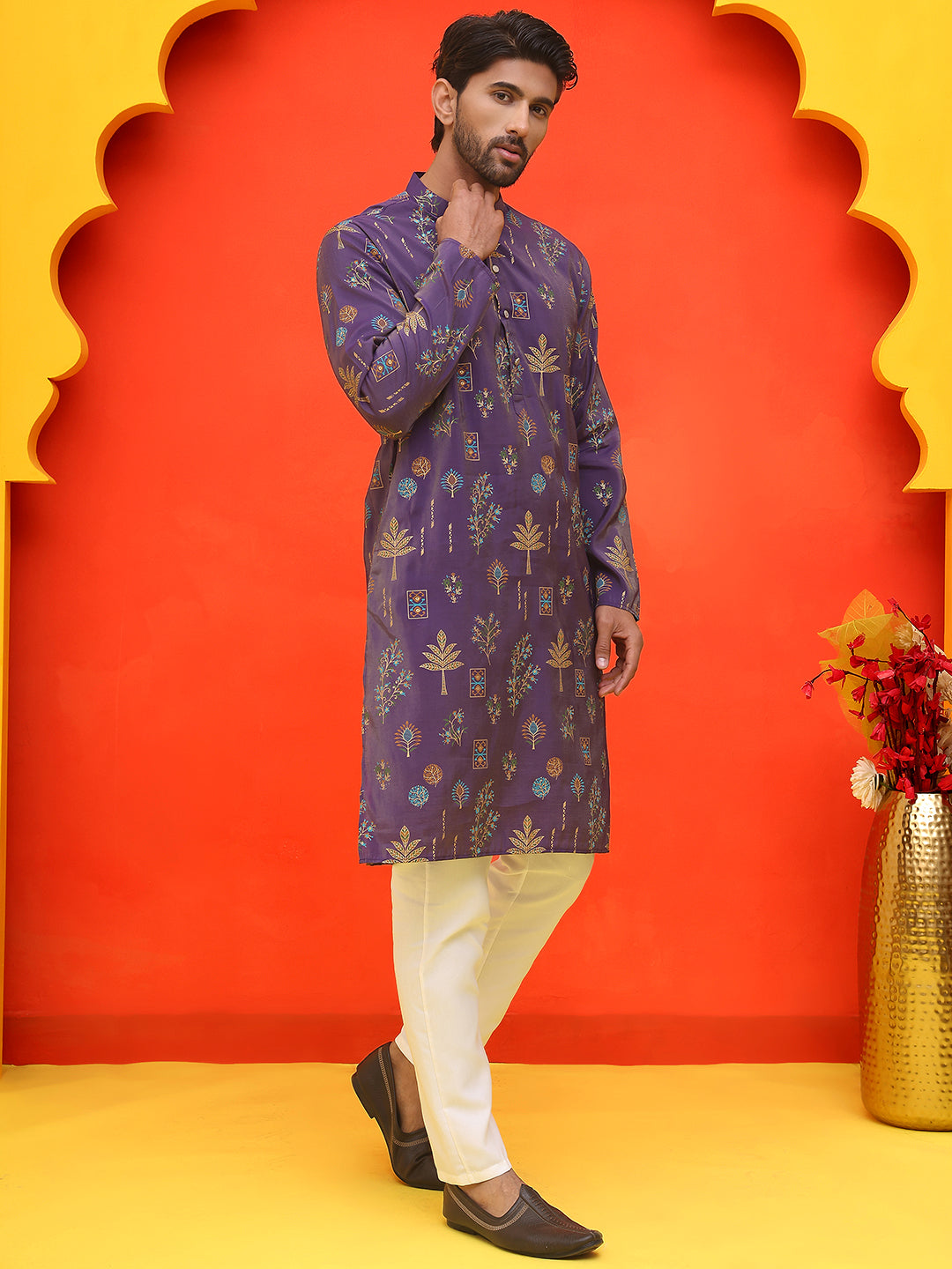 DesiQlo Men Printed Kurta Pyjama Set - Purple - JOKP_P_5218Purple_S