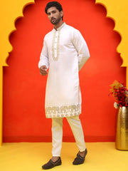 Embroidered Chikankari Kurta Pyjama For Men ( JOKP P 5219 White ) [FF] [ I1 ]