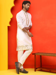 Embroidered Chikankari Kurta Pyjama For Men ( JOKP P 5219 White ) [FF] [ I1 ]