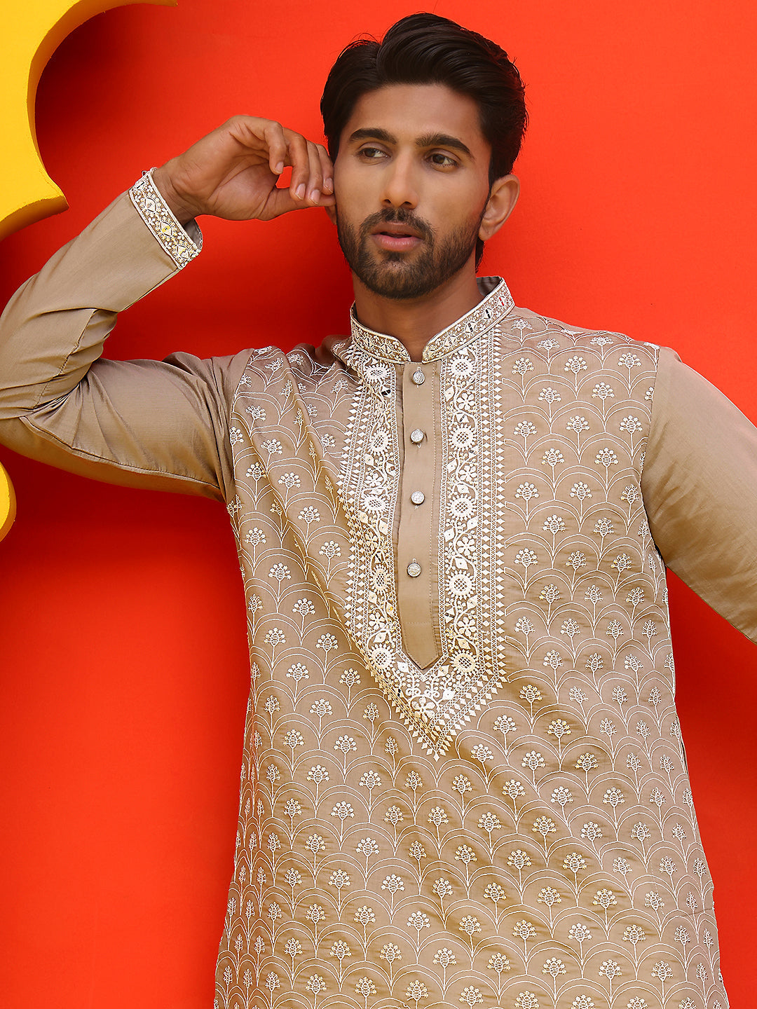 DesiQlo Men Embroidered Kurta Pyjama Set - Grey - JOKP_P_5220Grey_S
