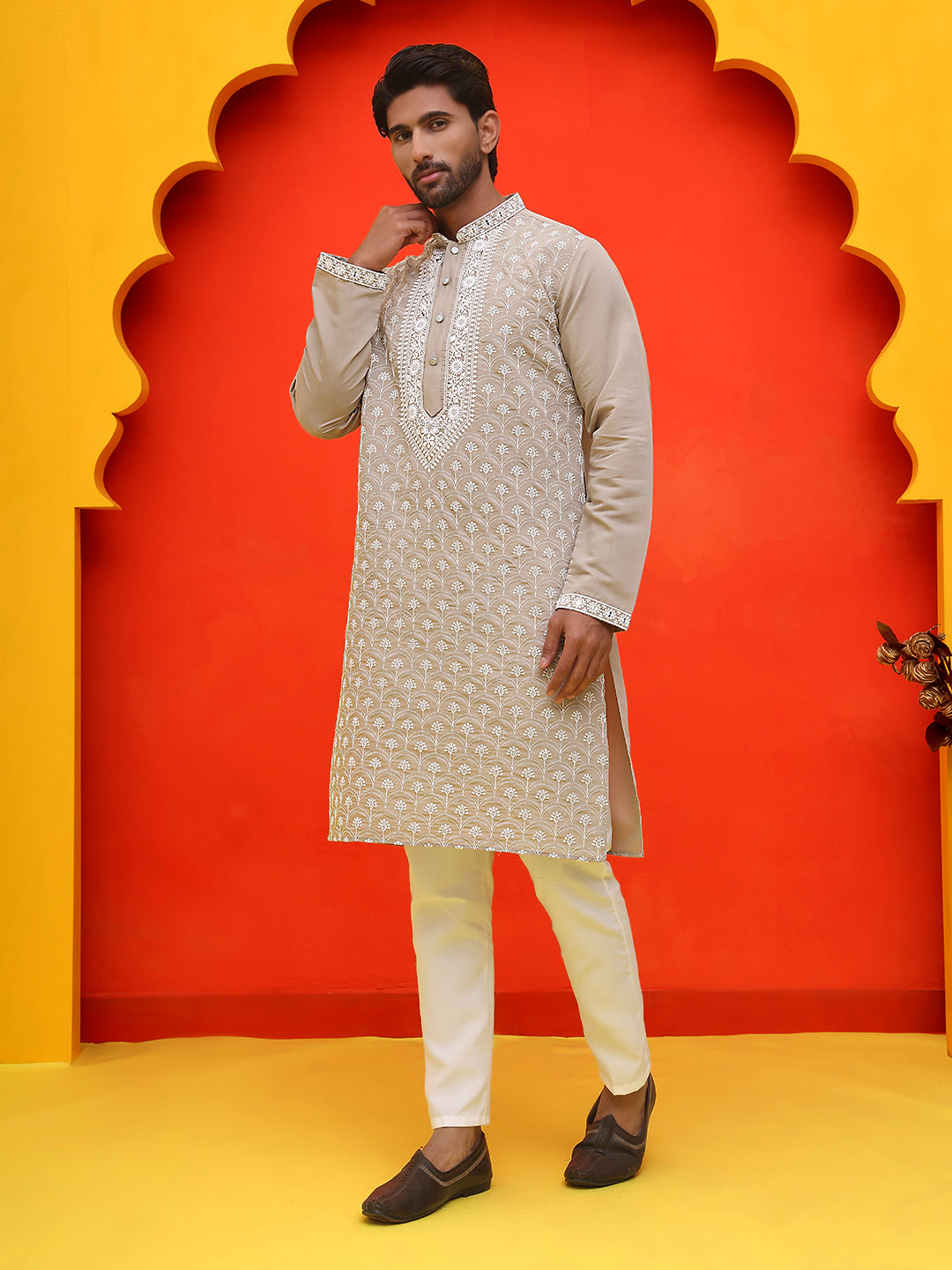 DesiQlo Men Embroidered Kurta Pyjama Set - Grey - JOKP_P_5220Grey_S