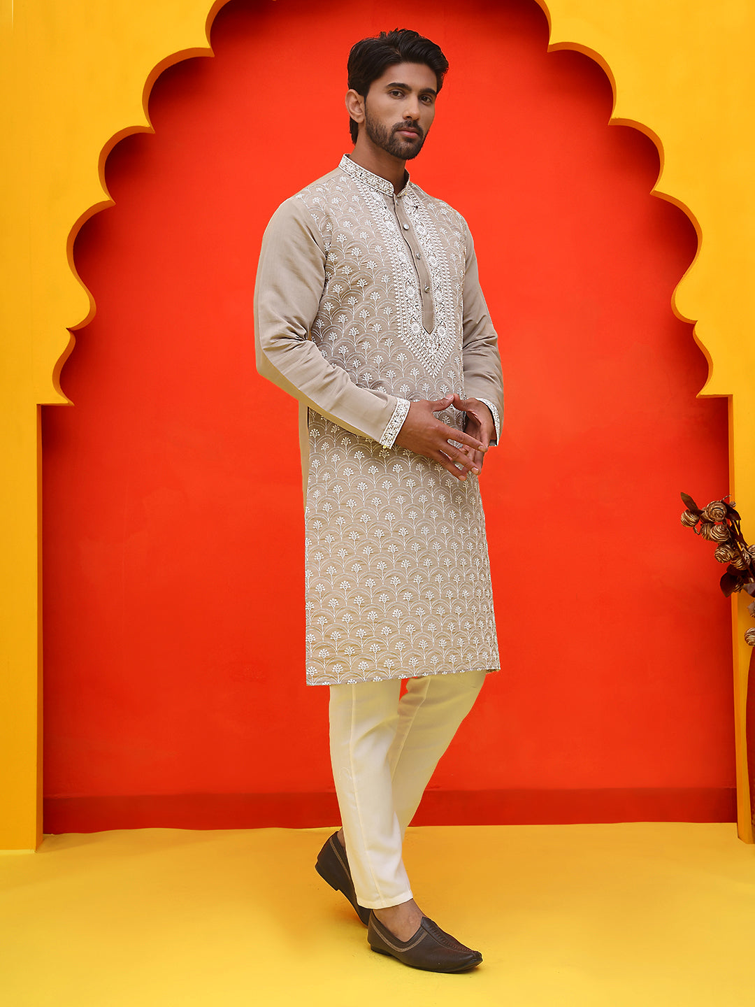DesiQlo Men Embroidered Kurta Pyjama Set - Grey - JOKP_P_5220Grey_S