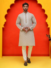 Embroidered Kurta Pyjama For Men ( JOKP P 5220 Grey ) [FF] [I-1-4]