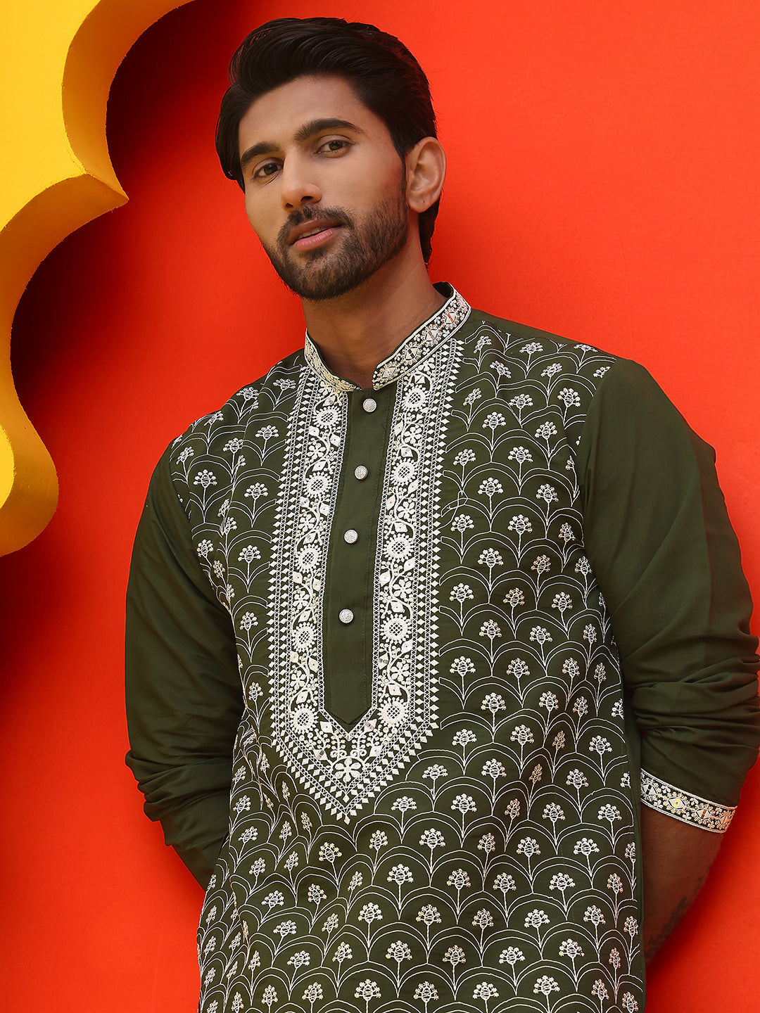 Embroidered Kurta Pyjama For Men ( JOKP P 5220 Olive ) [FF] [I-1-4]