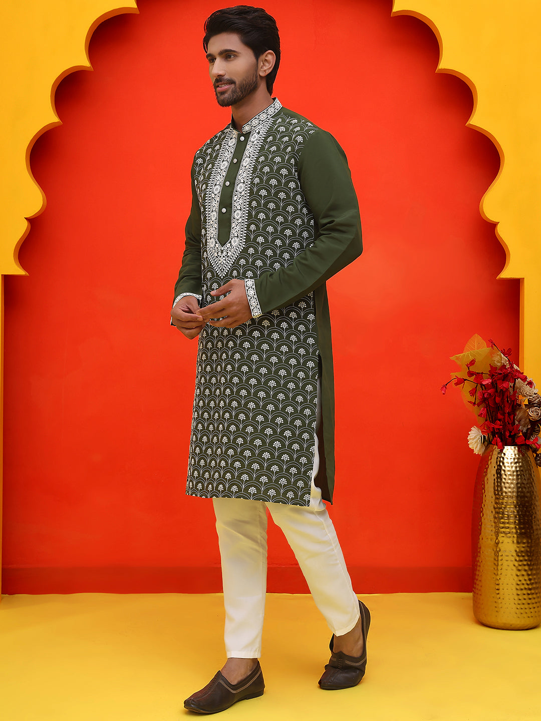 DesiQlo Men Embroidered Kurta Pyjama Set - Green - JOKP_P_5220Olive_S