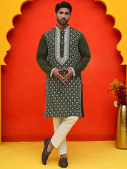 Embroidered Kurta Pyjama For Men ( JOKP P 5220 Olive ) [FF] [I-1-4]