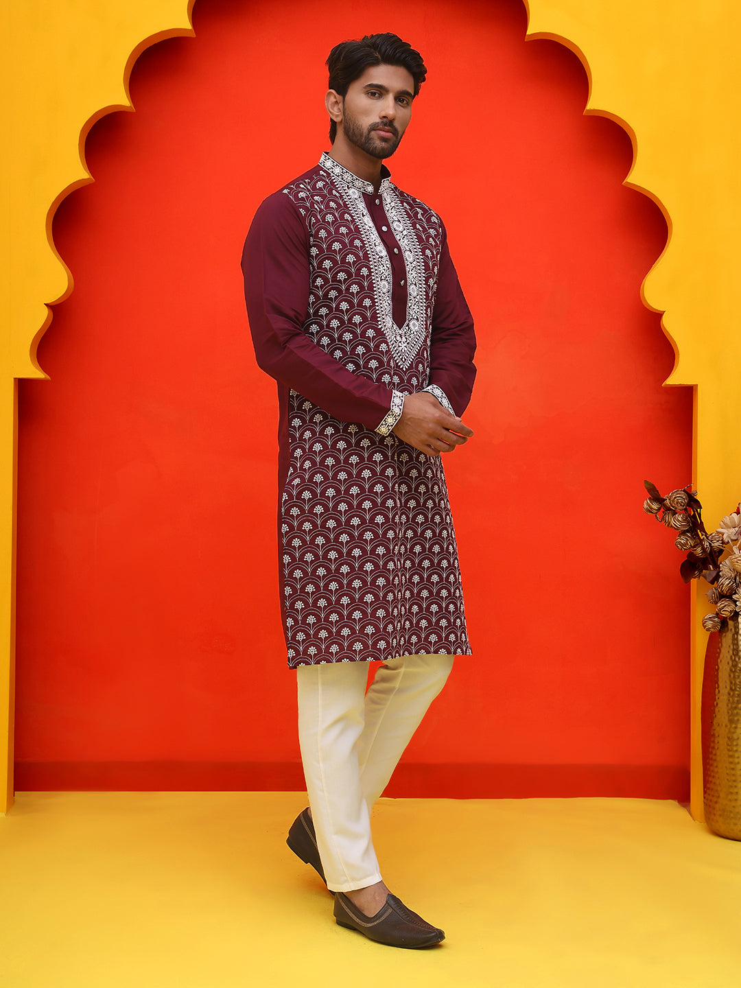 DesiQlo Men Embroidered Kurta Pyjama Set - Purple - JOKP_P_5220Purple_