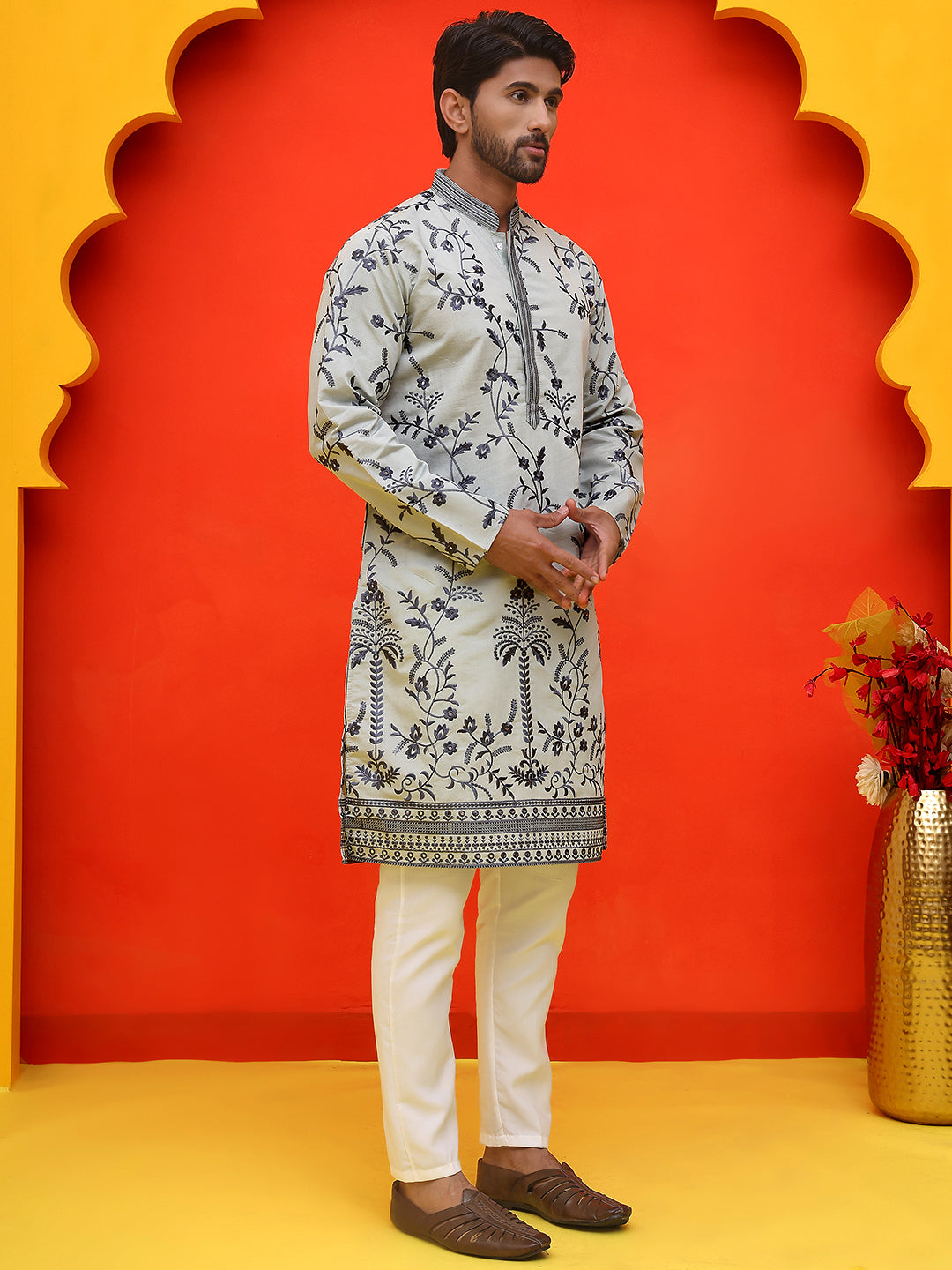DesiQlo Men Embroidered Kurta Pyjama Set - Grey - JOKP_P_5221Grey_S