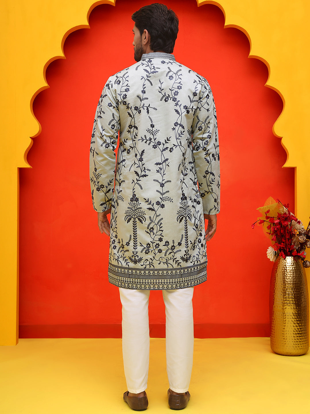 DesiQlo Men Embroidered Kurta Pyjama Set - Grey - JOKP_P_5221Grey_S