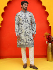 Chikankari Embroidered Kurta Pyjama For Men ( JOKP P 5221 Grey ) [FF] [L-10]
