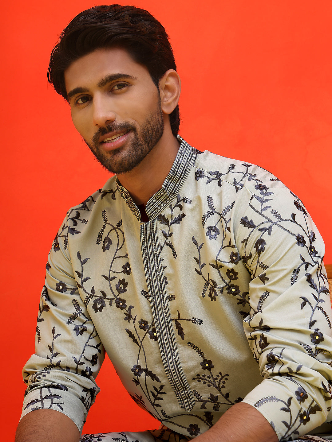 DesiQlo Men Embroidered Kurta Pyjama Set - Grey - JOKP_P_5221Grey_S