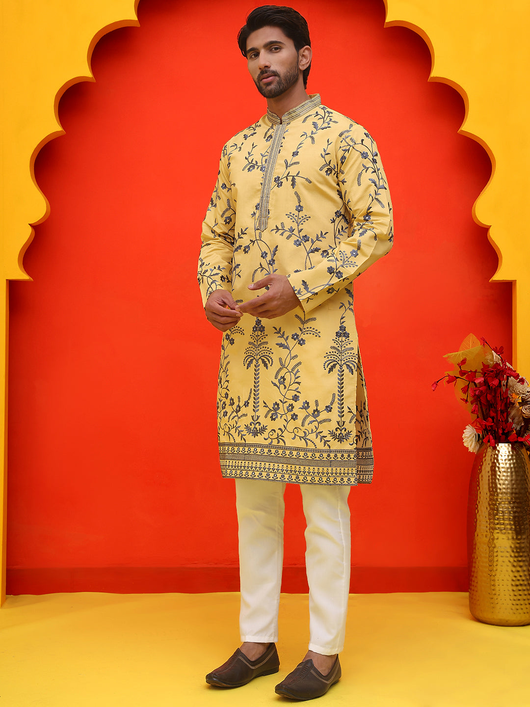DesiQlo Men Embroidered Kurta Pyjama Set - Yellow - JOKP_P_5221Yellow_