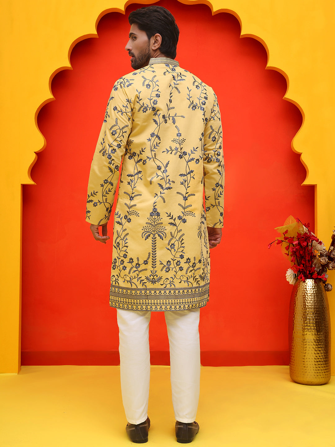 DesiQlo Men Embroidered Kurta Pyjama Set - Yellow - JOKP_P_5221Yellow_
