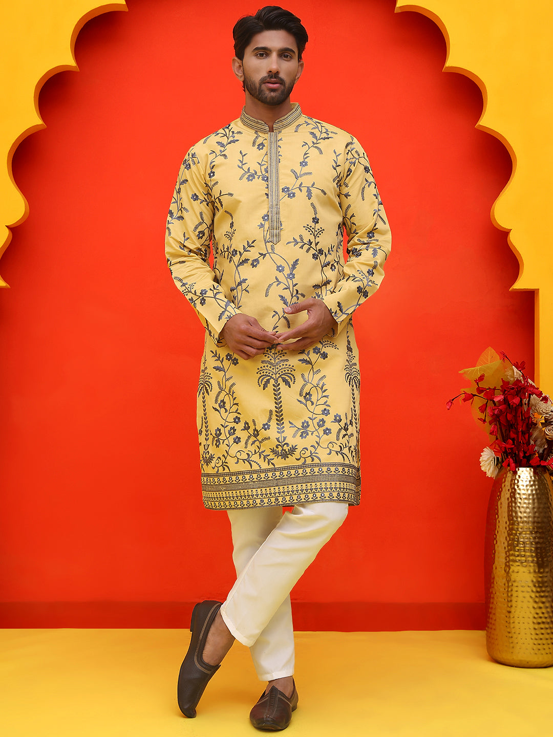DesiQlo Men Embroidered Kurta Pyjama Set - Yellow - JOKP_P_5221Yellow_