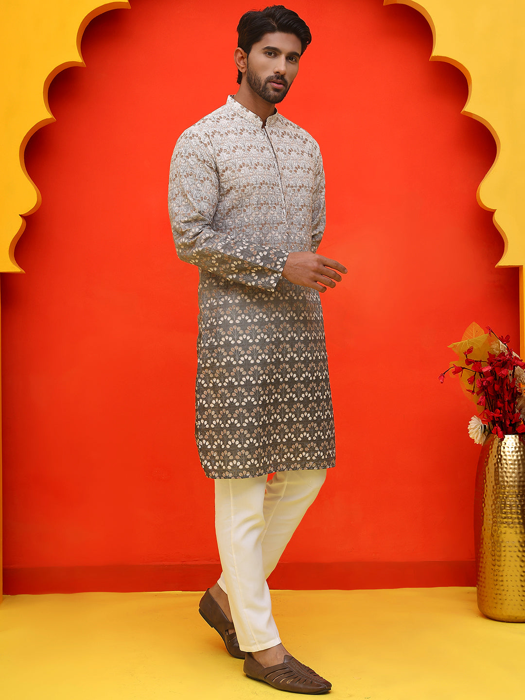 DesiQlo Men Printed Kurta Pyjama Set - Grey - JOKP_P_5222Grey_S