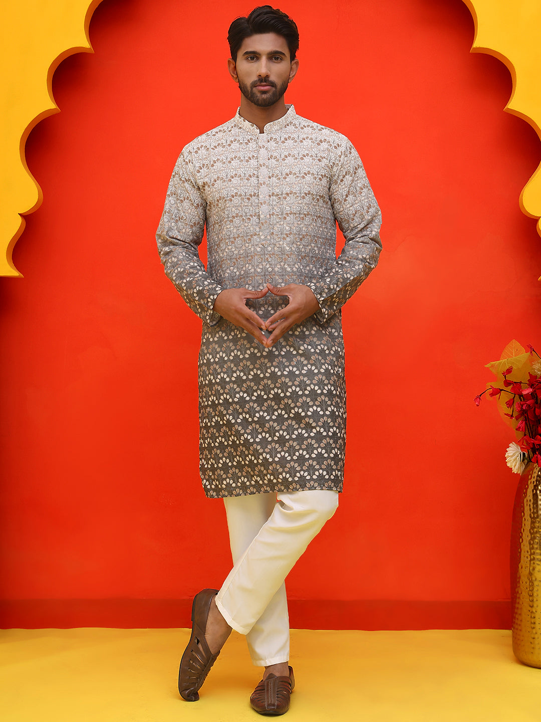 DesiQlo Men Printed Kurta Pyjama Set - Grey - JOKP_P_5222Grey_S