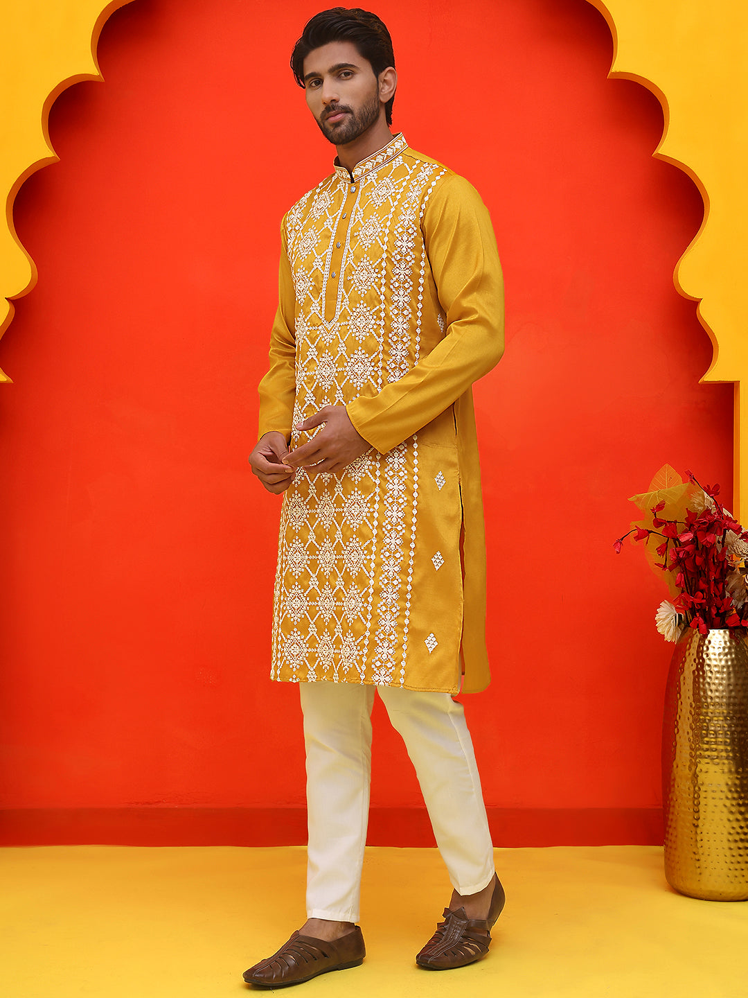 DesiQlo Men Embroidered Kurta Pyjama Set - Yellow - JOKP_P_5223Mustard